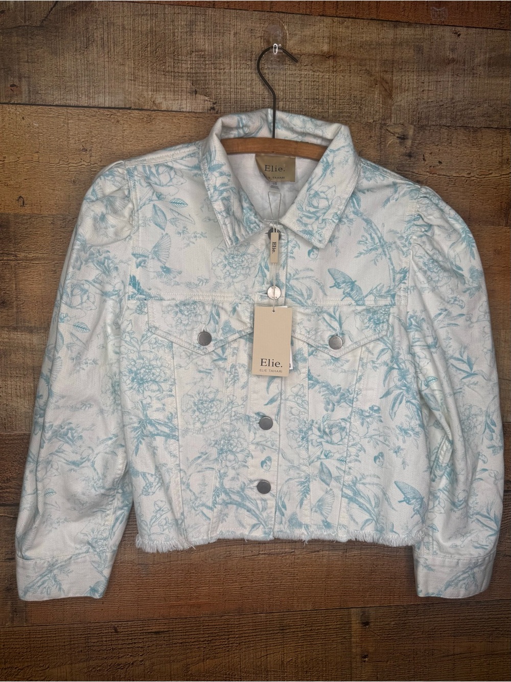 Elie Tahari Womens Cropped Floral Jacket Ivory Blue Collared Button Butterflies